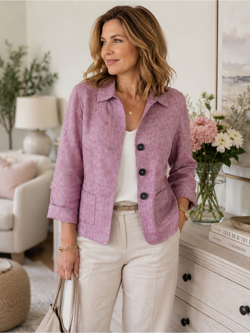 Jones New York 100% Linen Blazer Jacket Pink Mauve Sz6 Lightweight Summer Career